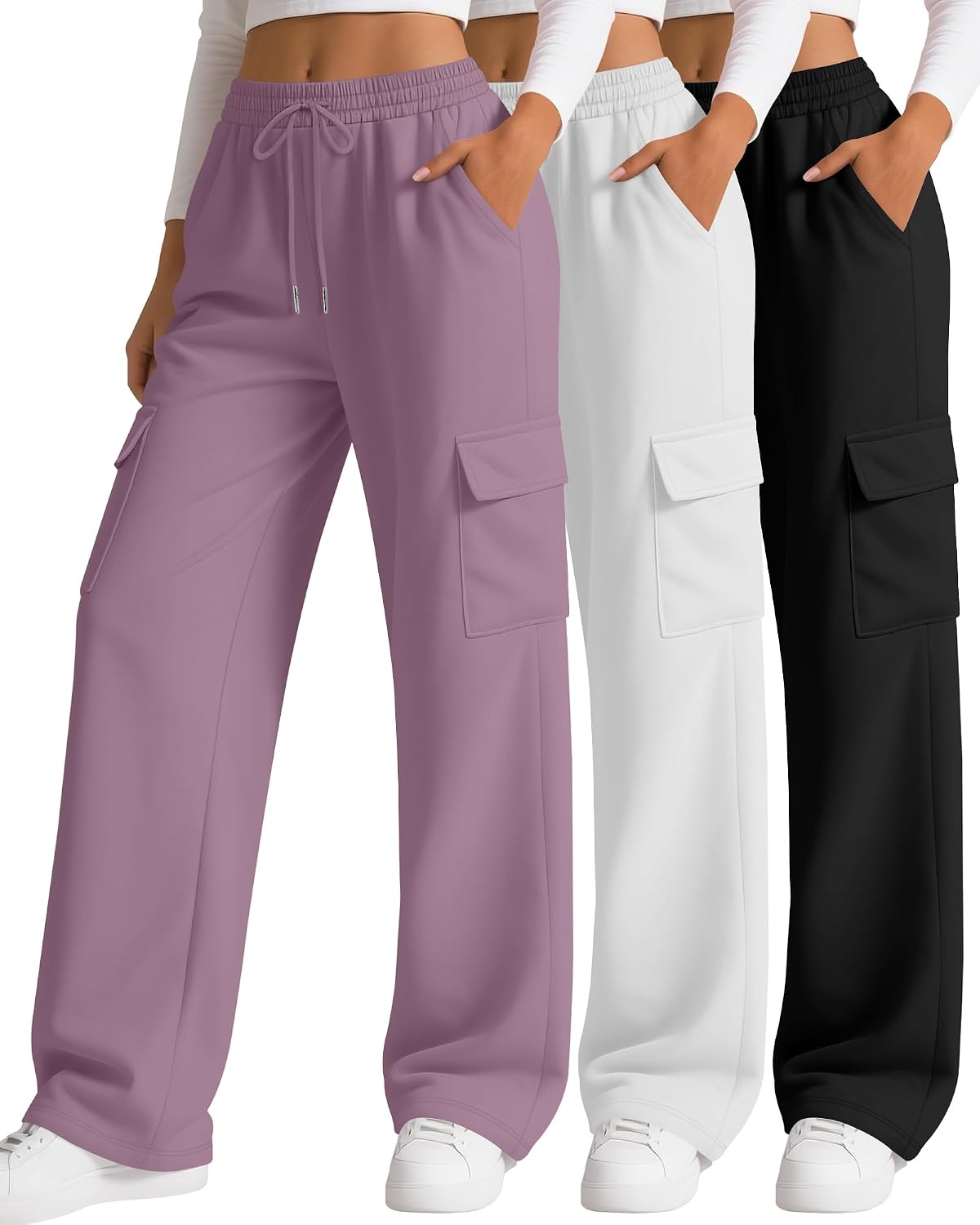 3 Pack Women's Cargo Sweatpants Wide Leg Baggy Loose Elastic Drawstring Pants Casual Athletic Joggers with 4 Pockets