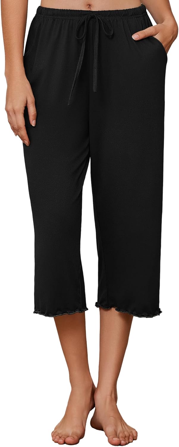 Womens Capri Pajama Pants 2026 Wide Leg Lounge Sleep Pants Soft Comfy Drawstring Pj Bottoms with Pockets