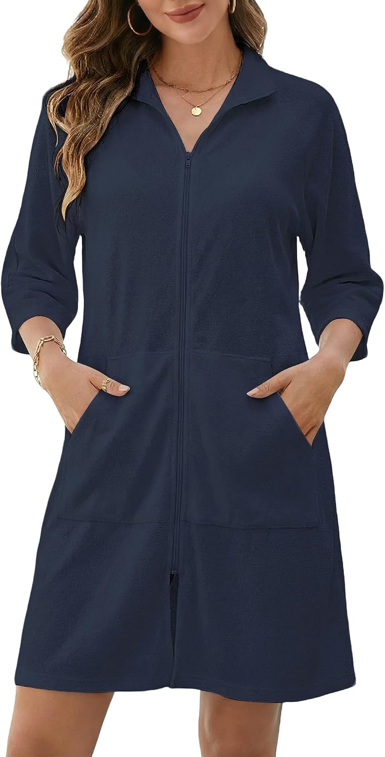 Swimsuit Coverup for Women Terry Cloth Swim Cover Up Zipper 3/4 Sleeves Beach Cover Ups Bathrobe with Pockets
