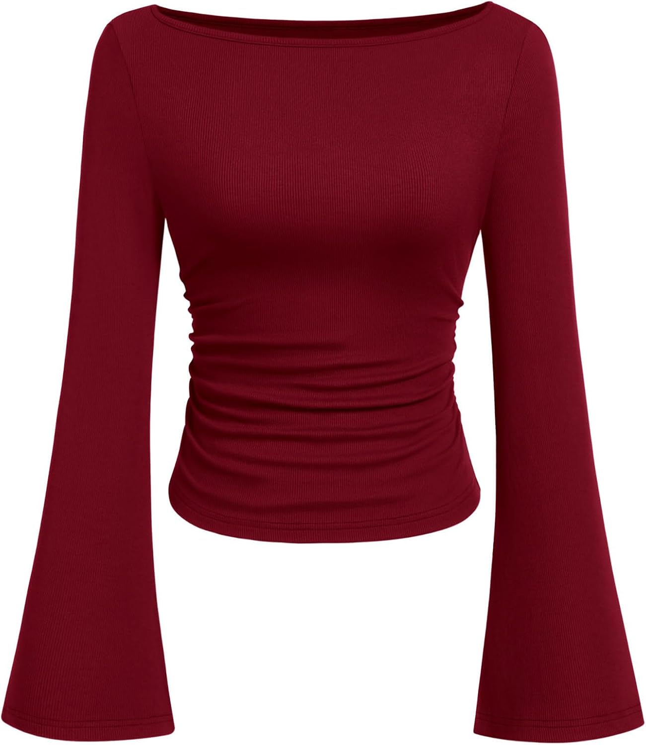 Womens Long Sleeve Shirts 2026 Spring Crop Going Out Tops Casual Boat Neck Bell Sleeve Ribbed Ruched Y2K Clothes