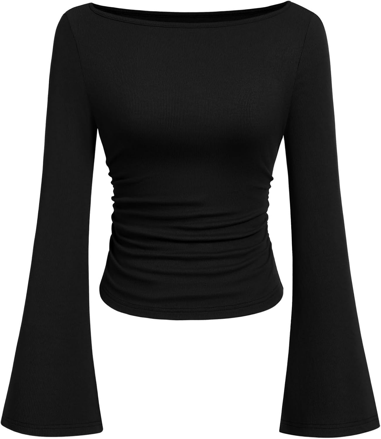 Womens Long Sleeve Shirts 2026 Spring Crop Going Out Tops Casual Boat Neck Bell Sleeve Ribbed Ruched Y2K Clothes