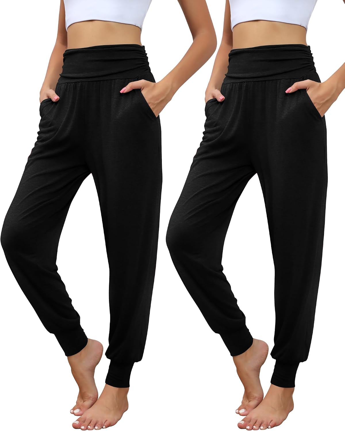 2 Pack Women's Yoga Joggers, Cozy Sweatpants with Pockets Casual Loose Comfy High Waisted Lounge Pants