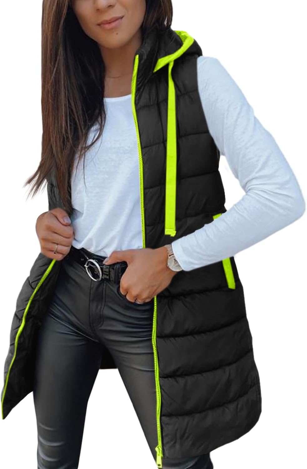Women Long Vest Solid Color Sleeveless Hood Winter Puffer Vest Outwear