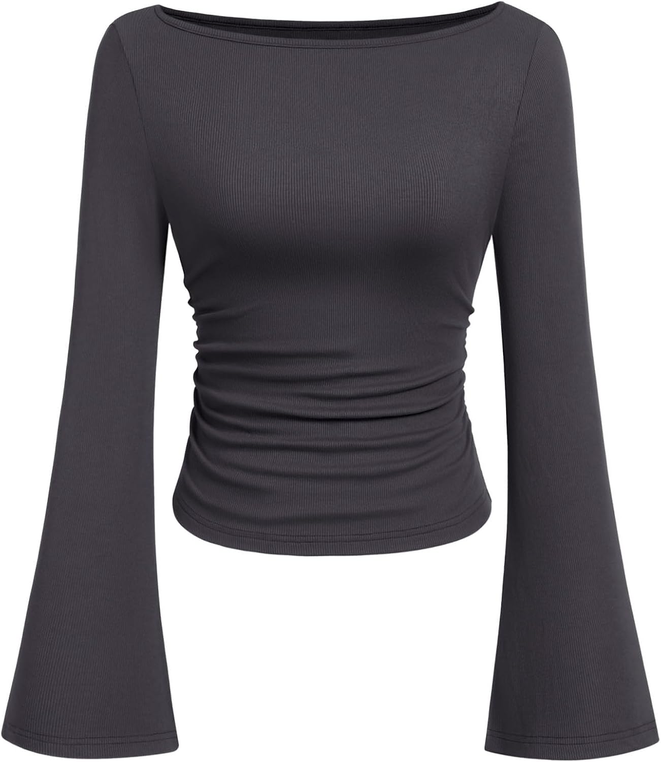 Womens Long Sleeve Shirts 2026 Spring Crop Going Out Tops Casual Boat Neck Bell Sleeve Ribbed Ruched Y2K Clothes
