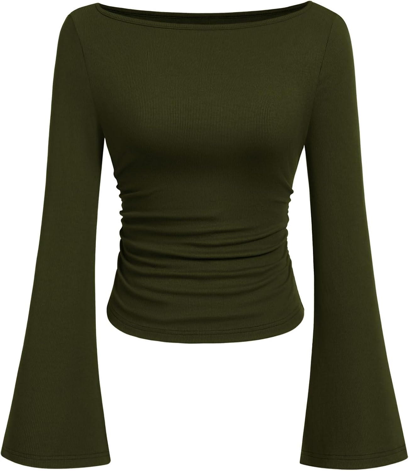 Womens Long Sleeve Shirts 2026 Spring Crop Going Out Tops Casual Boat Neck Bell Sleeve Ribbed Ruched Y2K Clothes