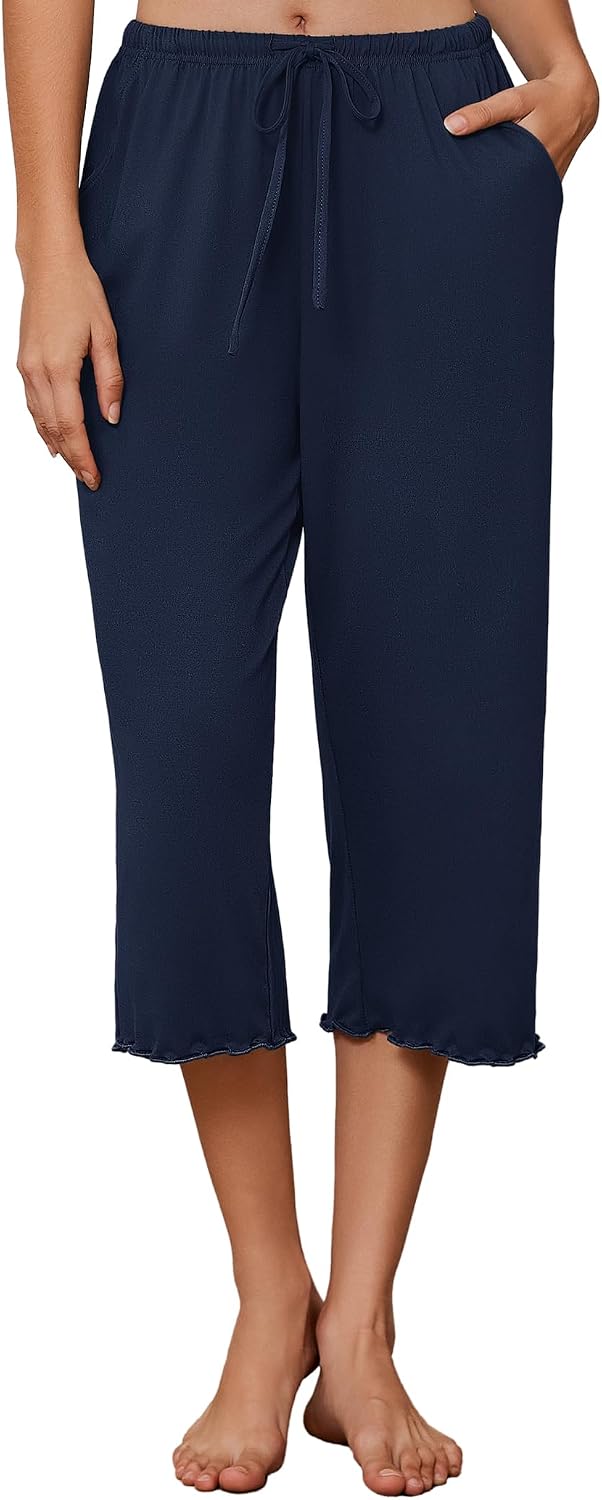Womens Capri Pajama Pants 2026 Wide Leg Lounge Sleep Pants Soft Comfy Drawstring Pj Bottoms with Pockets