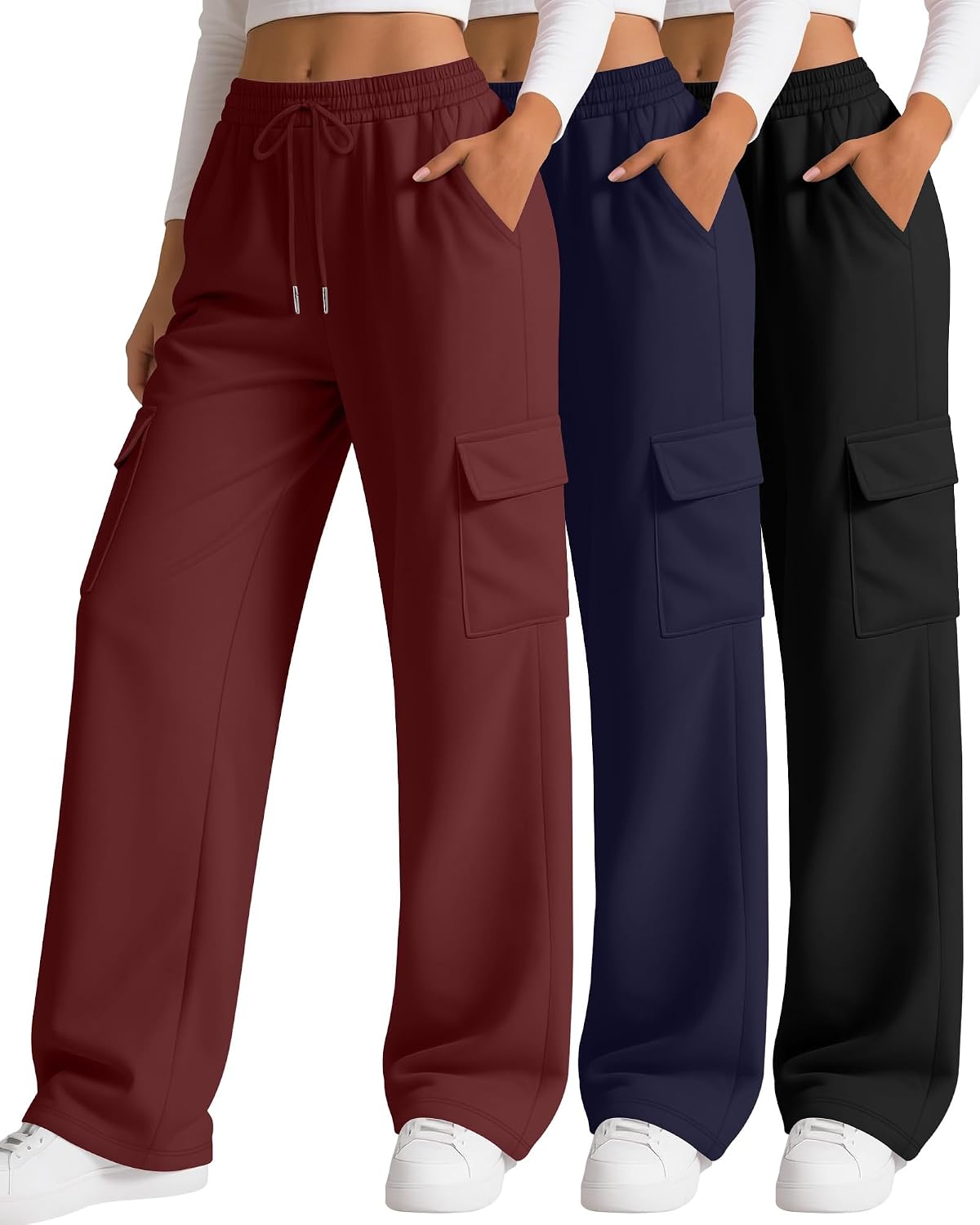 3 Pack Women's Cargo Sweatpants Wide Leg Baggy Loose Elastic Drawstring Pants Casual Athletic Joggers with 4 Pockets