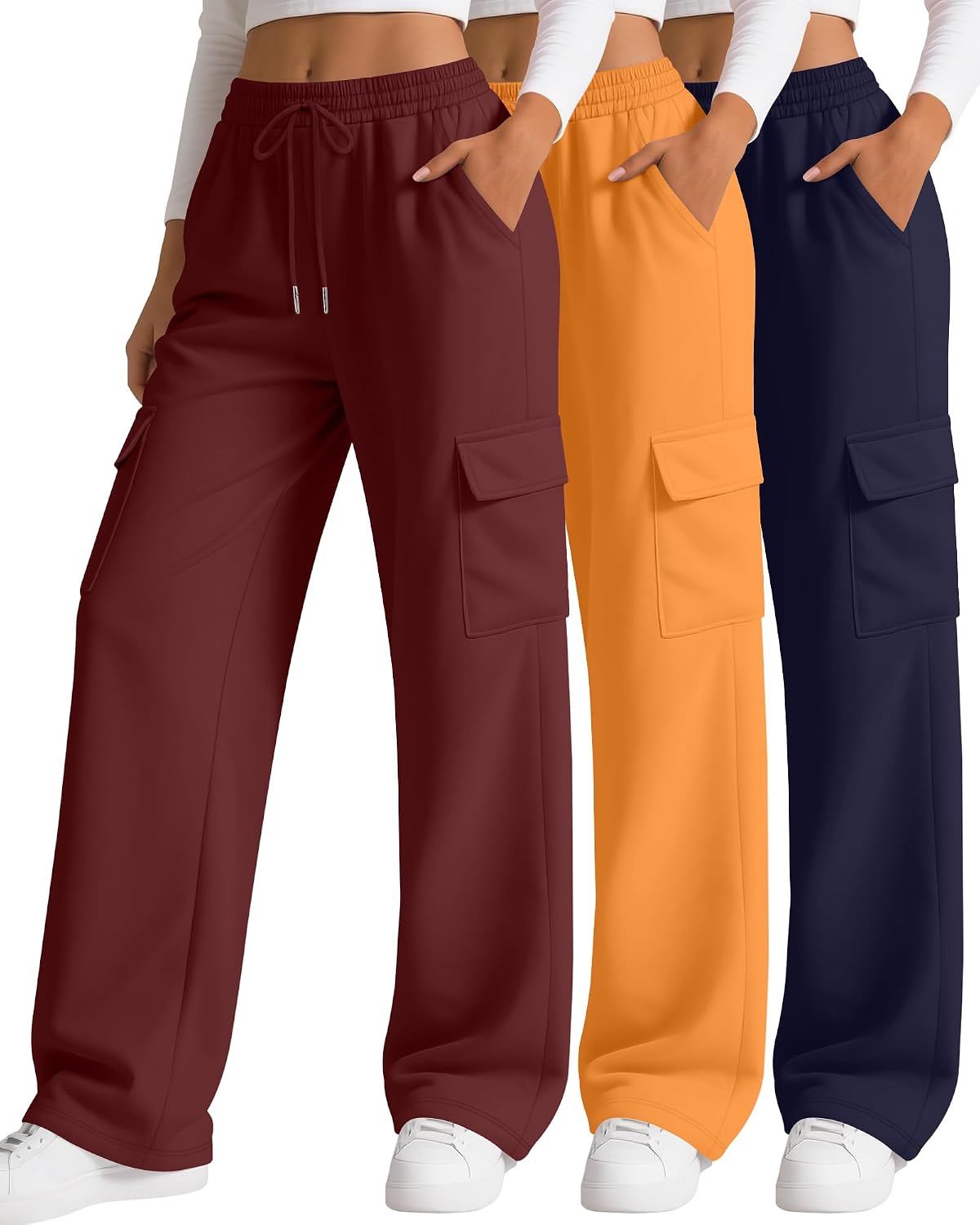 3 Pack Women's Cargo Sweatpants Wide Leg Baggy Loose Elastic Drawstring Pants Casual Athletic Joggers with 4 Pockets