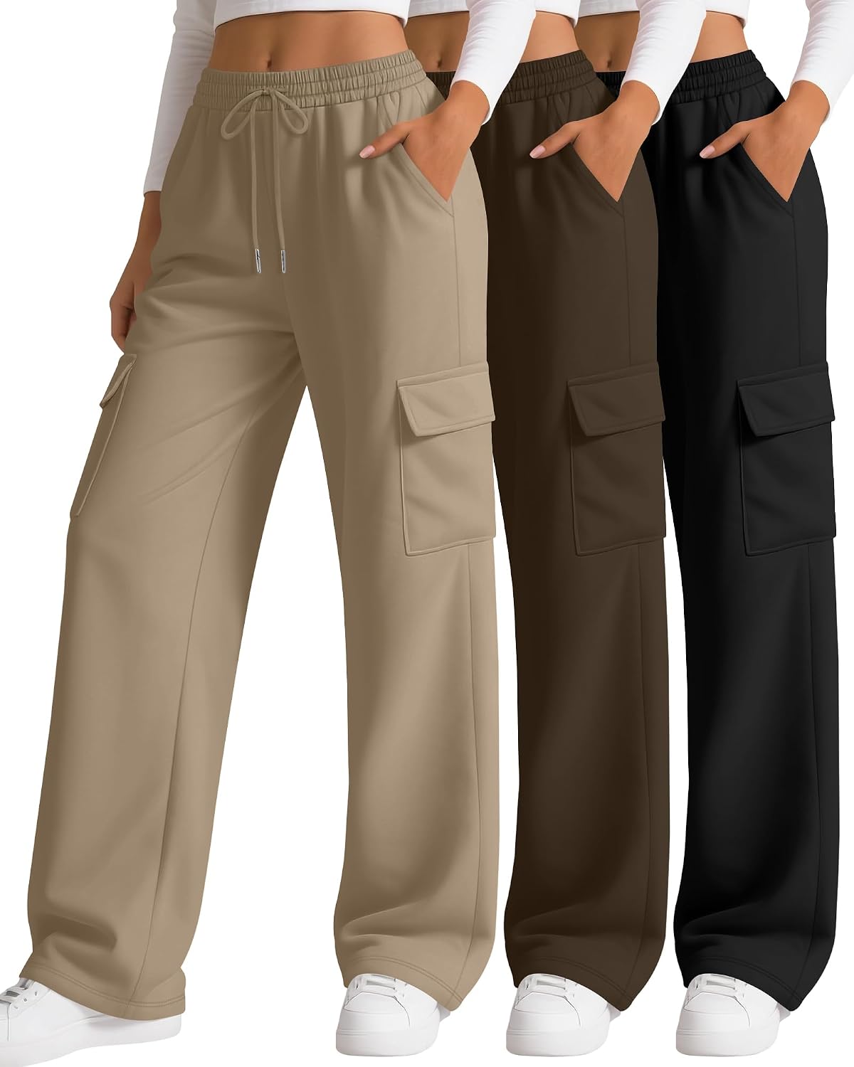 3 Pack Women's Cargo Sweatpants Wide Leg Baggy Loose Elastic Drawstring Pants Casual Athletic Joggers with 4 Pockets