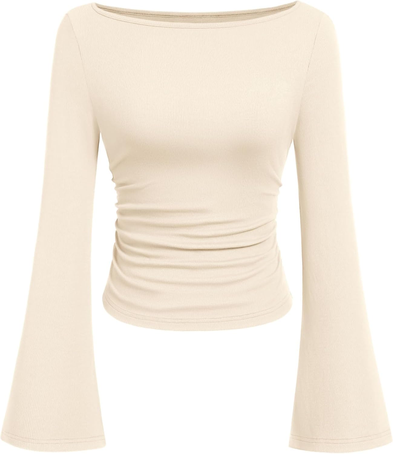 Womens Long Sleeve Shirts 2026 Spring Crop Going Out Tops Casual Boat Neck Bell Sleeve Ribbed Ruched Y2K Clothes
