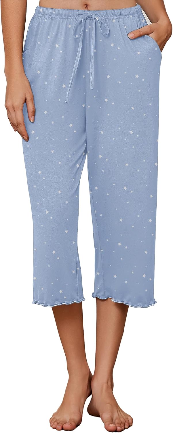Womens Capri Pajama Pants 2026 Wide Leg Lounge Sleep Pants Soft Comfy Drawstring Pj Bottoms with Pockets