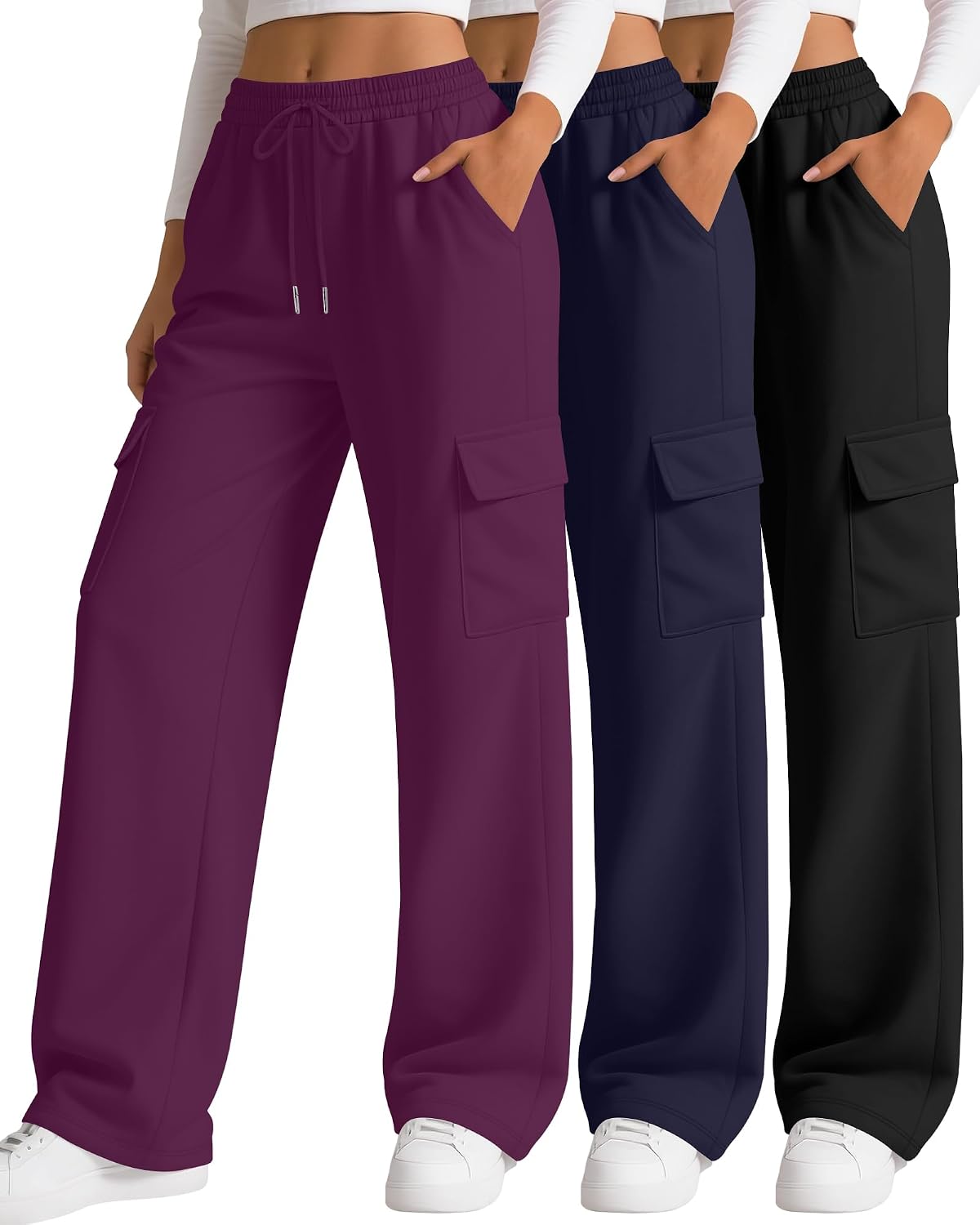 3 Pack Women's Cargo Sweatpants Wide Leg Baggy Loose Elastic Drawstring Pants Casual Athletic Joggers with 4 Pockets