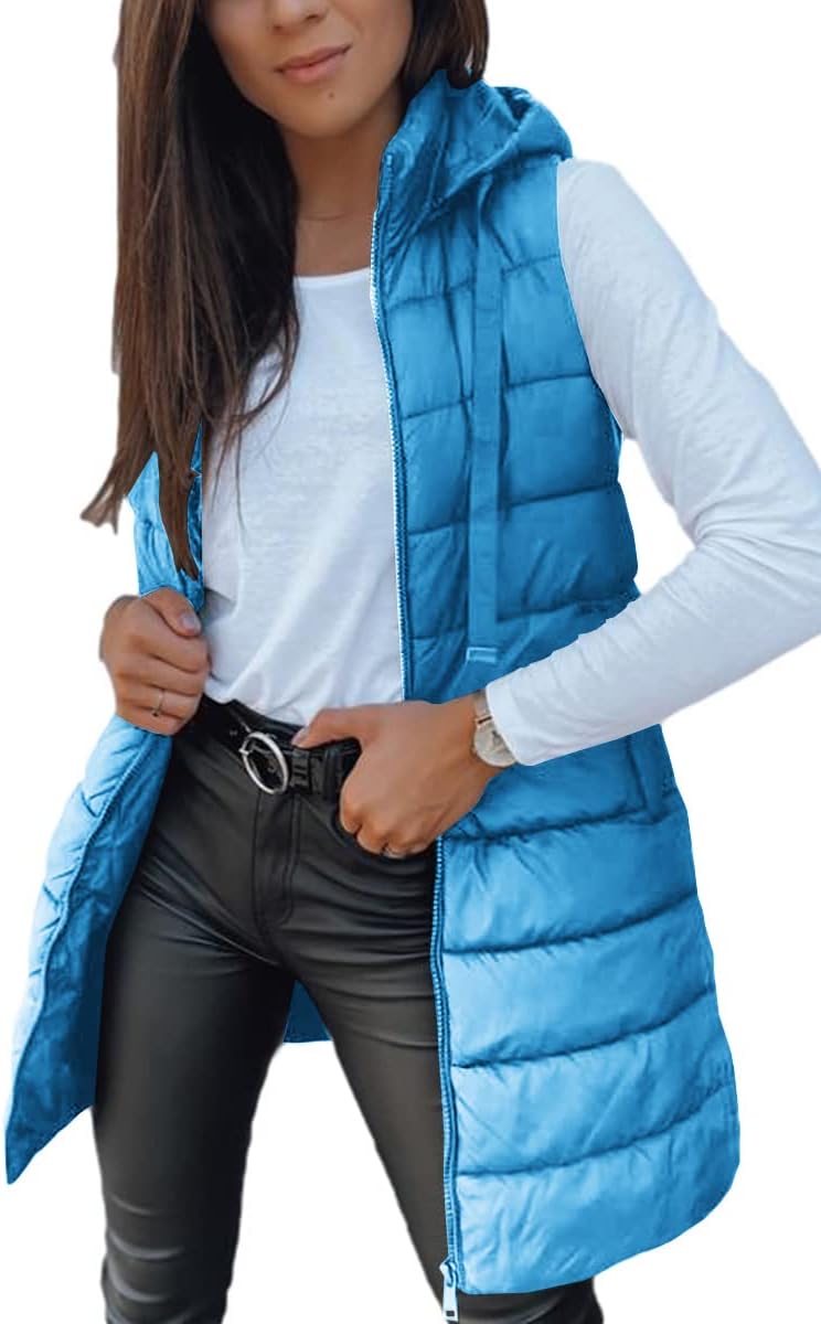 Women Long Vest Solid Color Sleeveless Hood Winter Puffer Vest Outwear