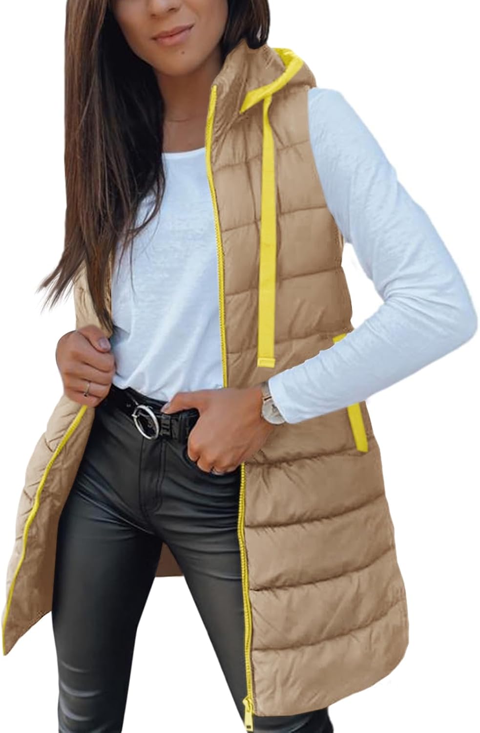 Women Long Vest Solid Color Sleeveless Hood Winter Puffer Vest Outwear