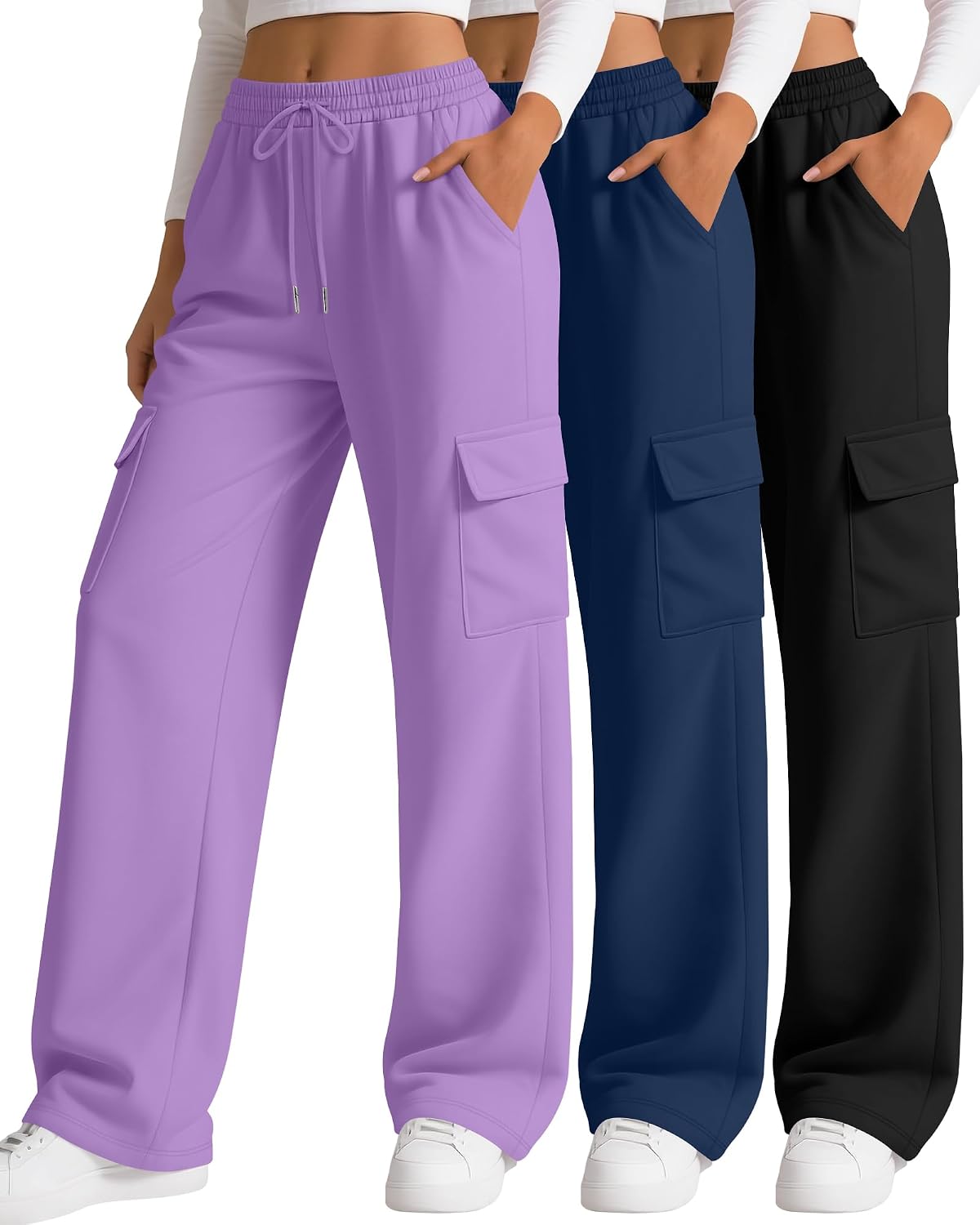 3 Pack Women's Cargo Sweatpants Wide Leg Baggy Loose Elastic Drawstring Pants Casual Athletic Joggers with 4 Pockets