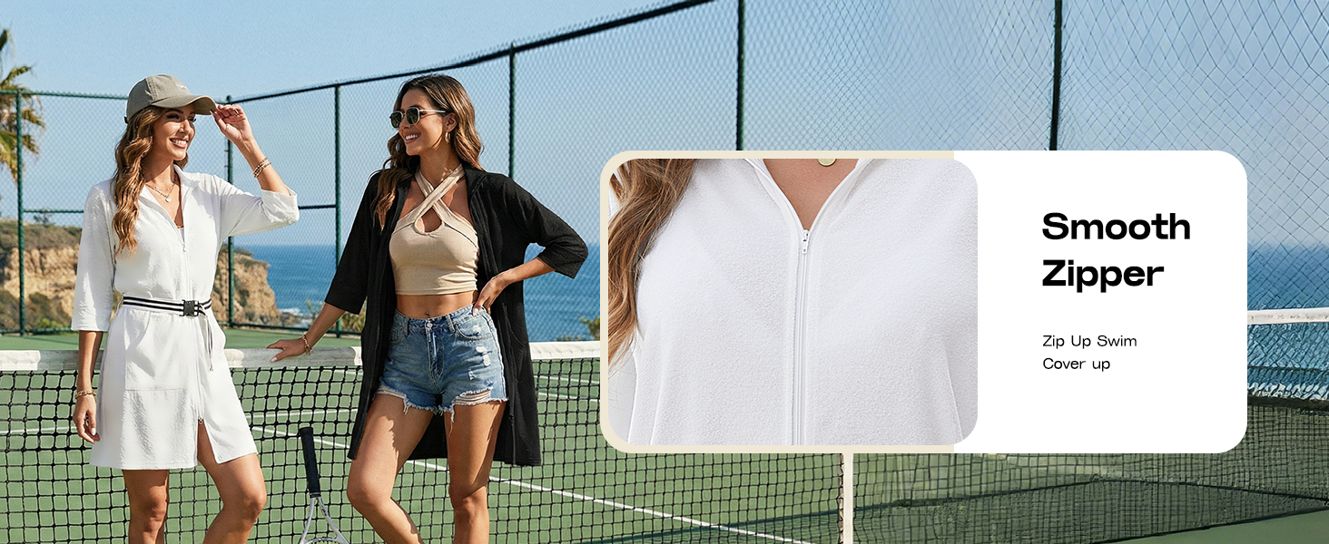 Terry Cloth Swim Cover Up for Women Zip Up Swimsuit Coverup with Pockets