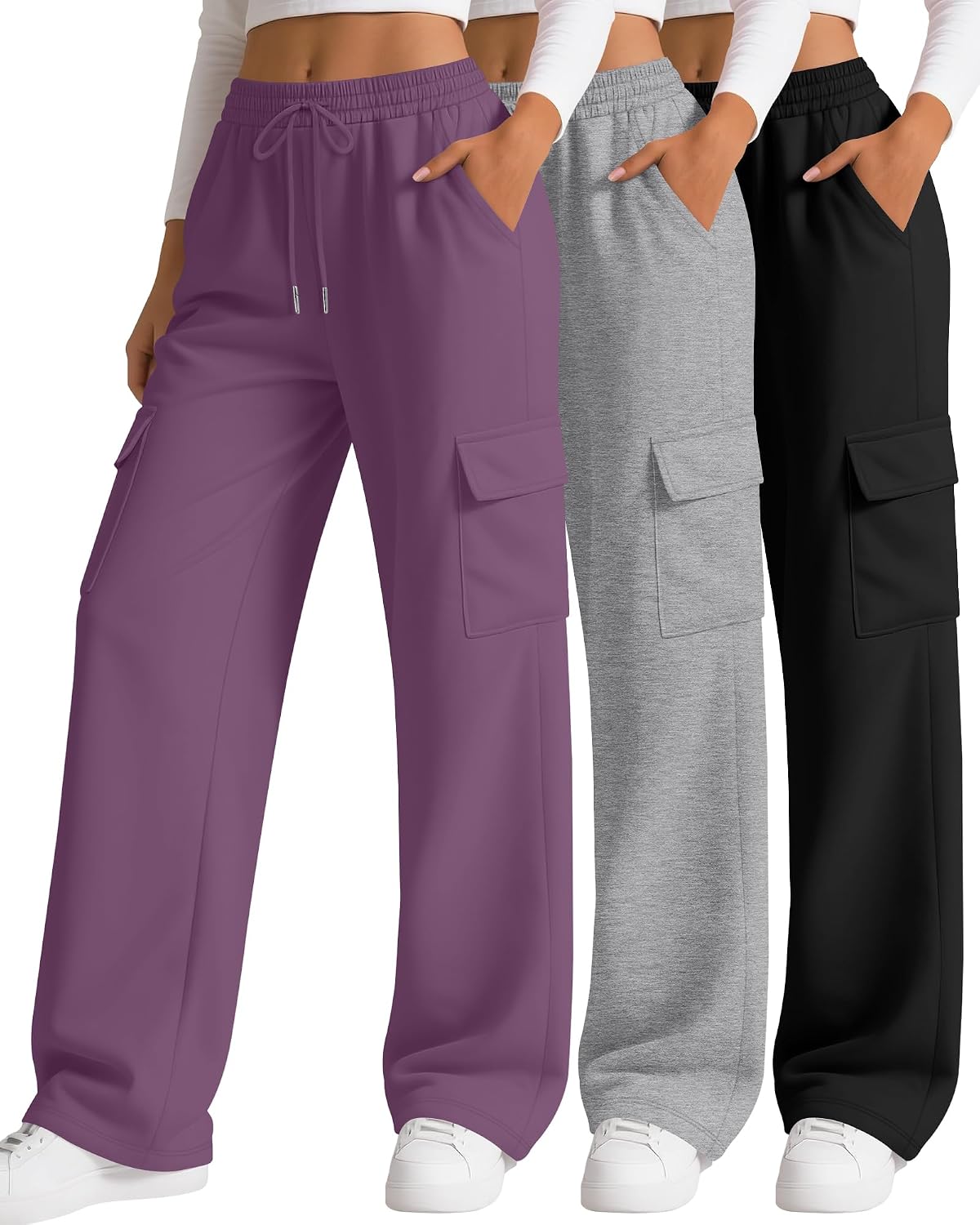 3 Pack Women's Cargo Sweatpants Wide Leg Baggy Loose Elastic Drawstring Pants Casual Athletic Joggers with 4 Pockets