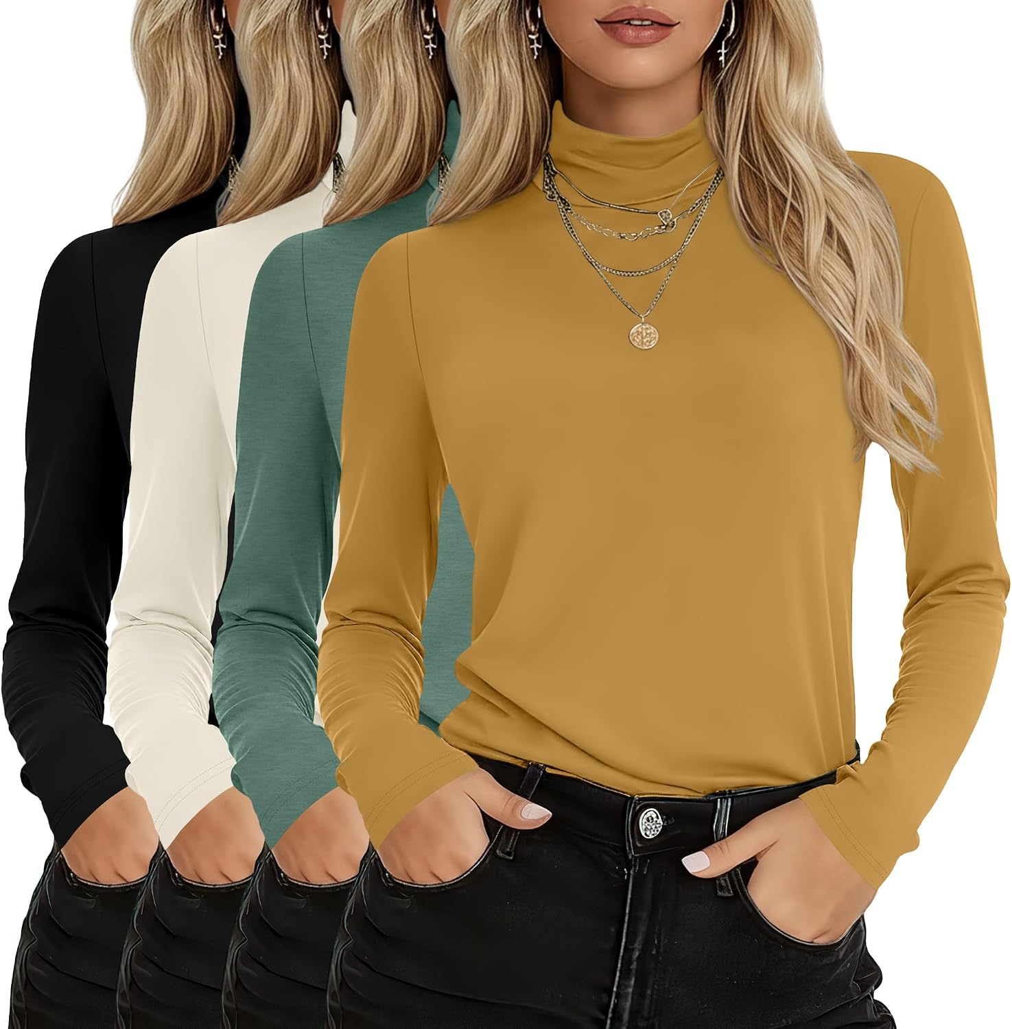 4 Pack Women's Turtleneck Cotton Long Sleeve Tops Casual Loose Fit Shirts Basic Tunic Trendy Undershirt Tee