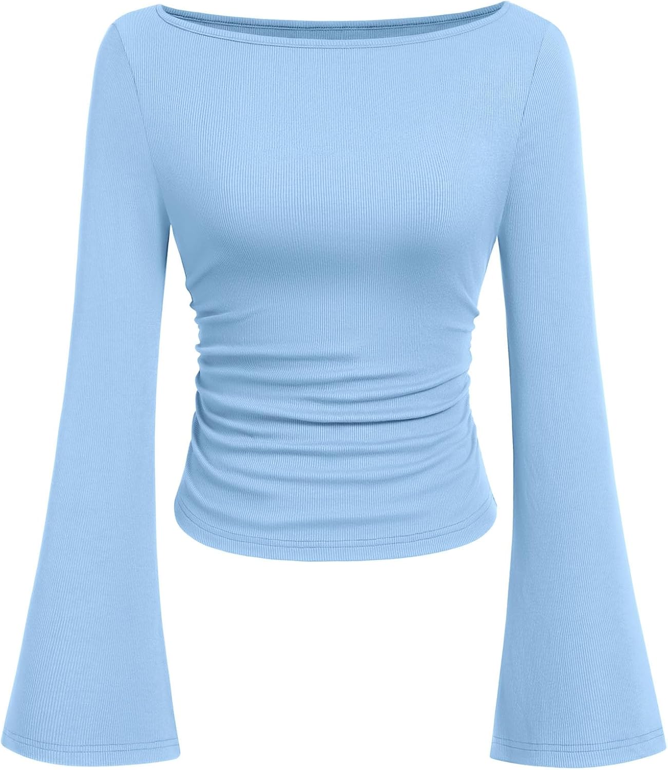Womens Long Sleeve Shirts 2026 Spring Crop Going Out Tops Casual Boat Neck Bell Sleeve Ribbed Ruched Y2K Clothes