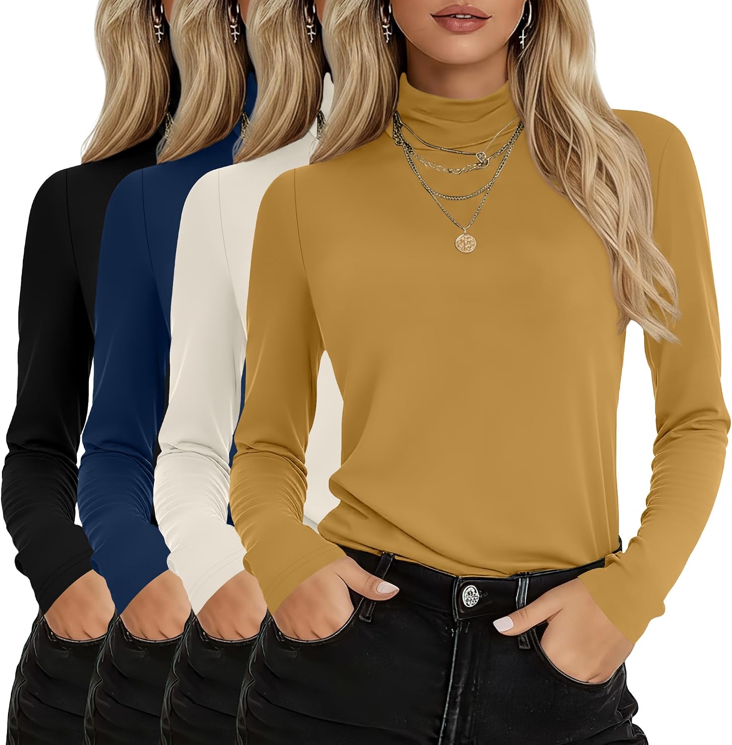4 Pack Women's Turtleneck Cotton Long Sleeve Tops Casual Loose Fit Shirts Basic Tunic Trendy Undershirt Tee