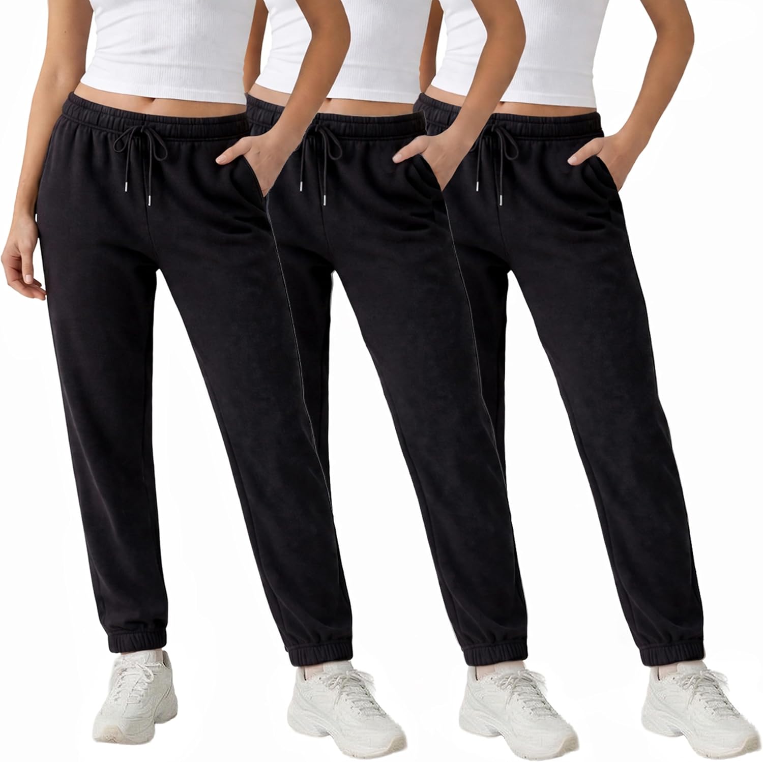 3 Pack Fleece Elastic Cuff Joggers for Women 鈥?Deep Pockets, Tapered Fit, Elastic Drawstring Waist