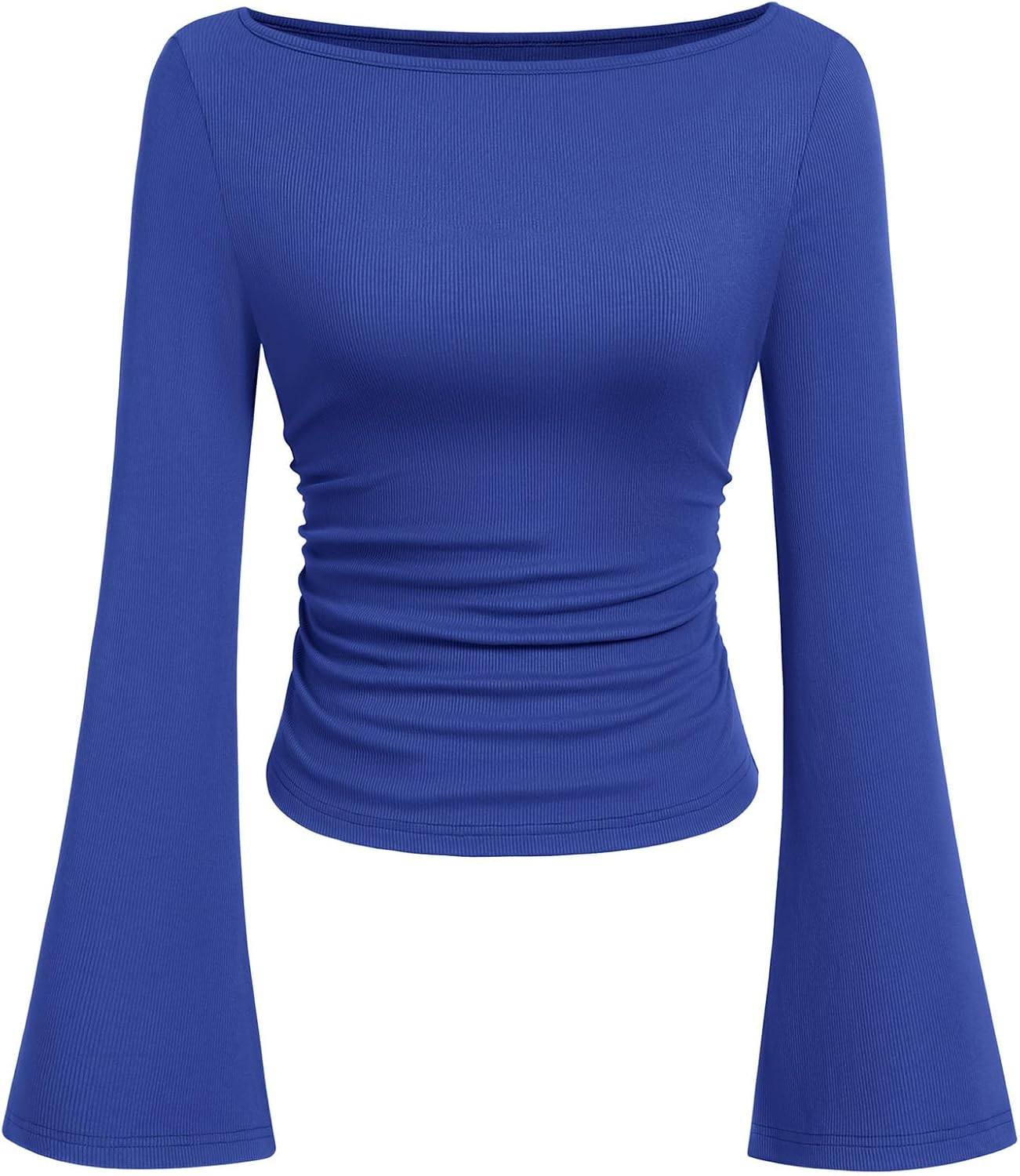 Womens Long Sleeve Shirts 2026 Spring Crop Going Out Tops Casual Boat Neck Bell Sleeve Ribbed Ruched Y2K Clothes