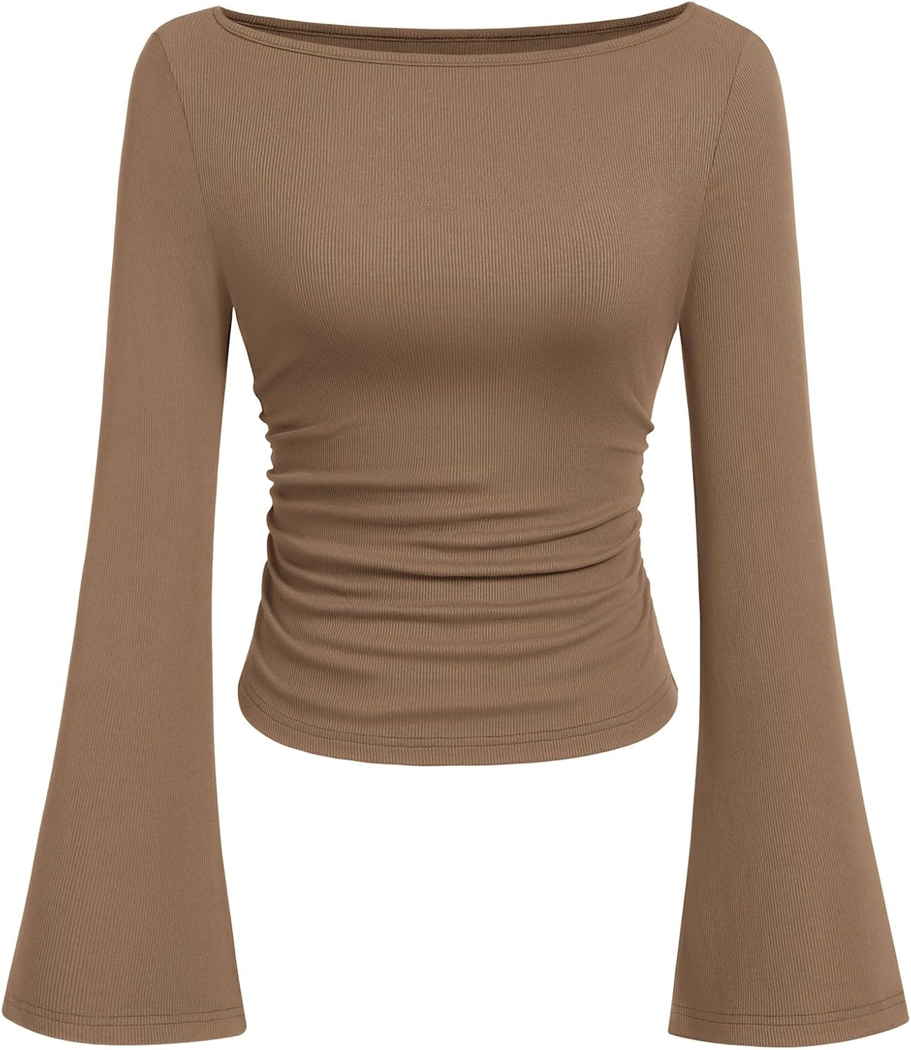 Womens Long Sleeve Shirts 2026 Spring Crop Going Out Tops Casual Boat Neck Bell Sleeve Ribbed Ruched Y2K Clothes