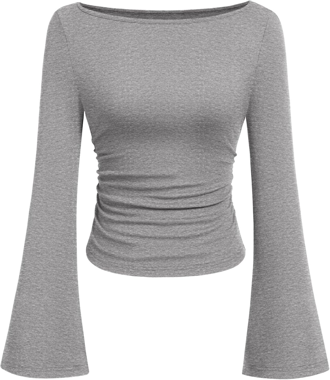 Womens Long Sleeve Shirts 2026 Spring Crop Going Out Tops Casual Boat Neck Bell Sleeve Ribbed Ruched Y2K Clothes