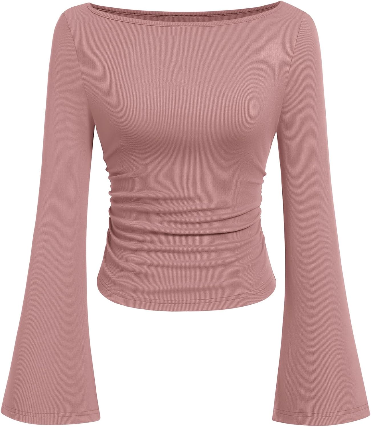 Womens Long Sleeve Shirts 2026 Spring Crop Going Out Tops Casual Boat Neck Bell Sleeve Ribbed Ruched Y2K Clothes
