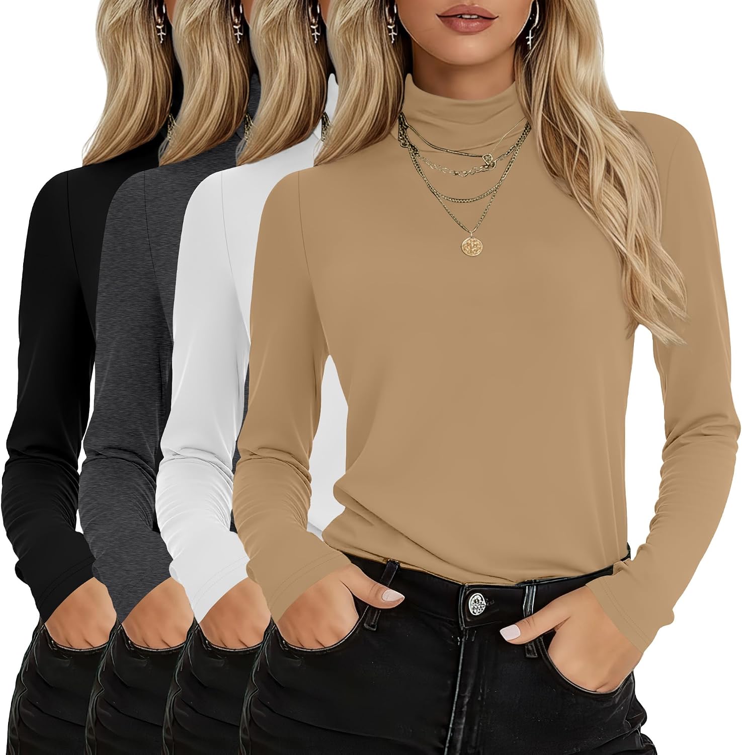 4 Pack Women's Turtleneck Cotton Long Sleeve Tops Casual Loose Fit Shirts Basic Tunic Trendy Undershirt Tee