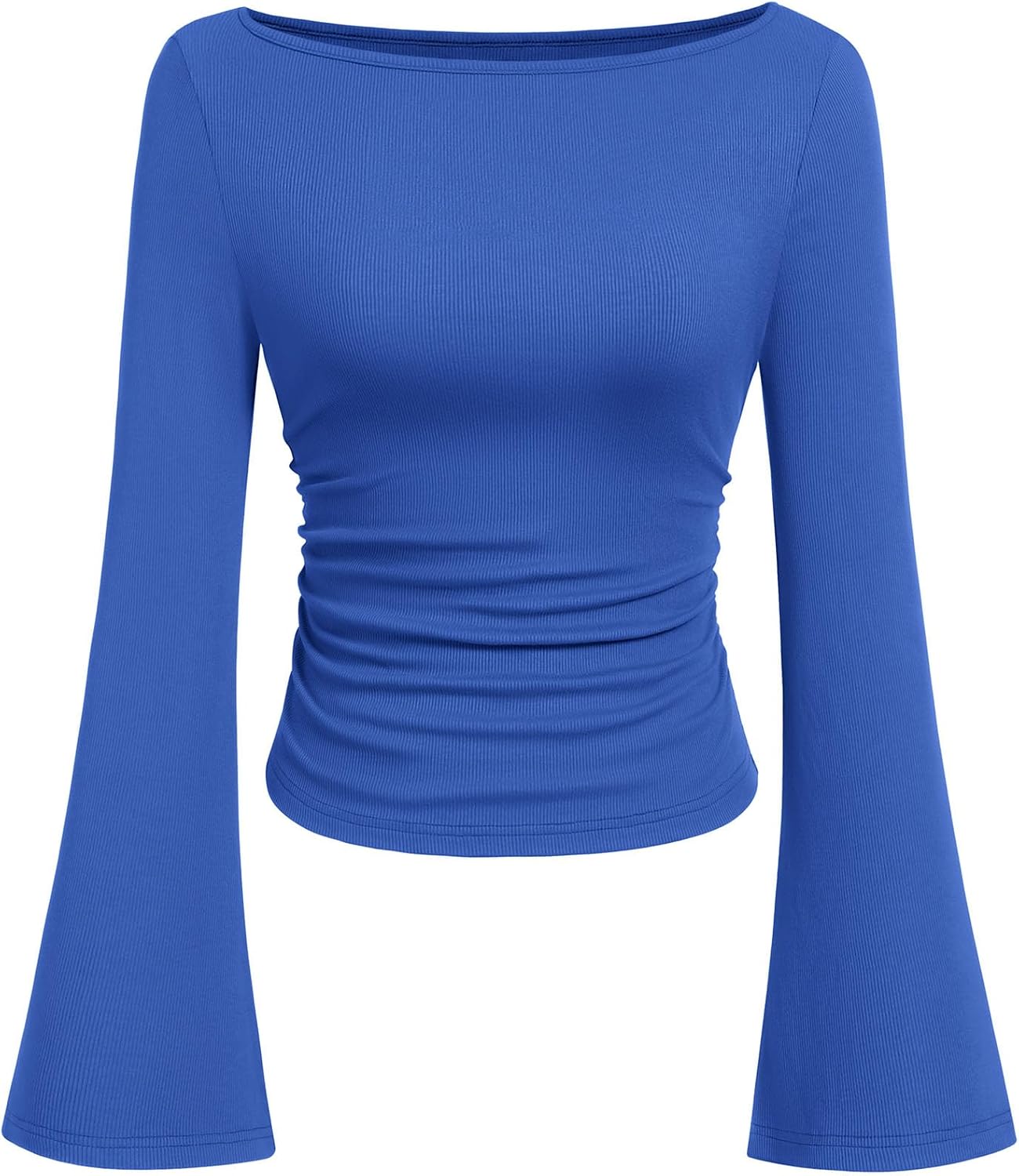 Womens Long Sleeve Shirts 2026 Spring Crop Going Out Tops Casual Boat Neck Bell Sleeve Ribbed Ruched Y2K Clothes