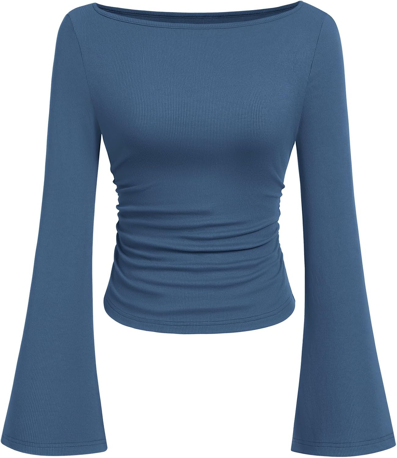 Womens Long Sleeve Shirts 2026 Spring Crop Going Out Tops Casual Boat Neck Bell Sleeve Ribbed Ruched Y2K Clothes