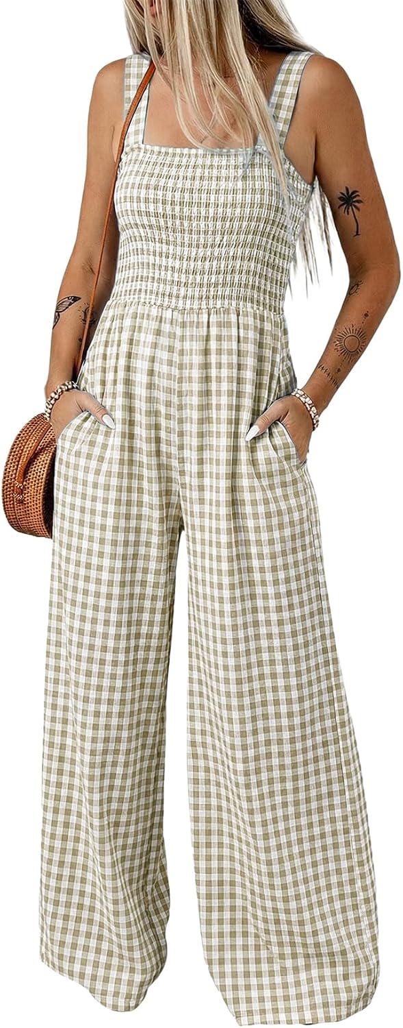 Women's Casual Loose Overalls Jumpsuits One Piece Sleeveless Smocked Gingham Striped Wide Leg Long Pant Rompers