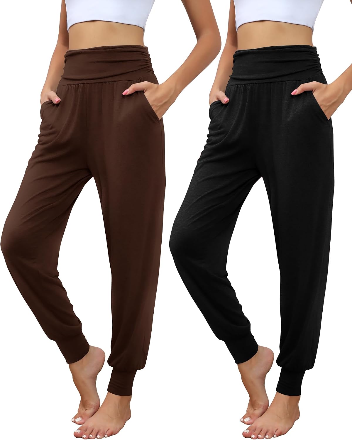 2 Pack Women's Yoga Joggers, Cozy Sweatpants with Pockets Casual Loose Comfy High Waisted Lounge Pants