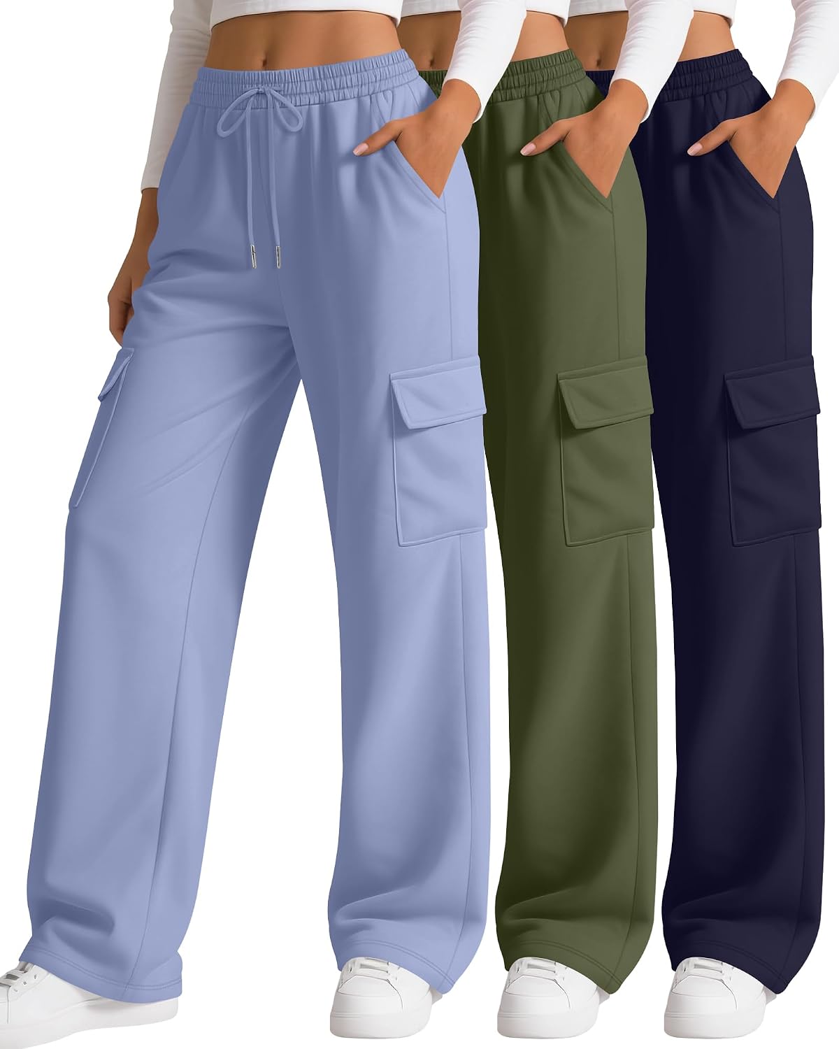 3 Pack Women's Cargo Sweatpants Wide Leg Baggy Loose Elastic Drawstring Pants Casual Athletic Joggers with 4 Pockets