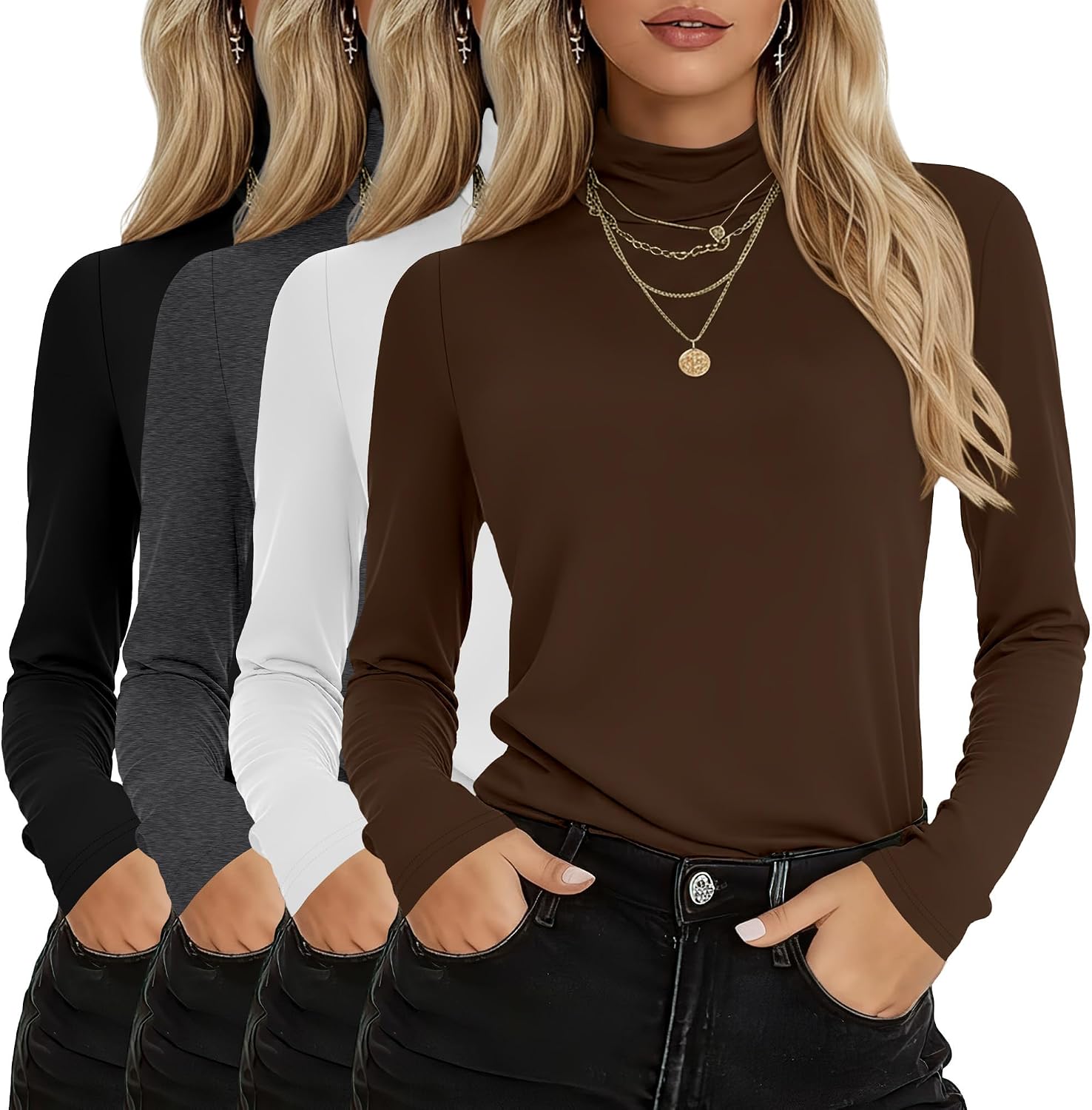 4 Pack Women's Turtleneck Cotton Long Sleeve Tops Casual Loose Fit Shirts Basic Tunic Trendy Undershirt Tee