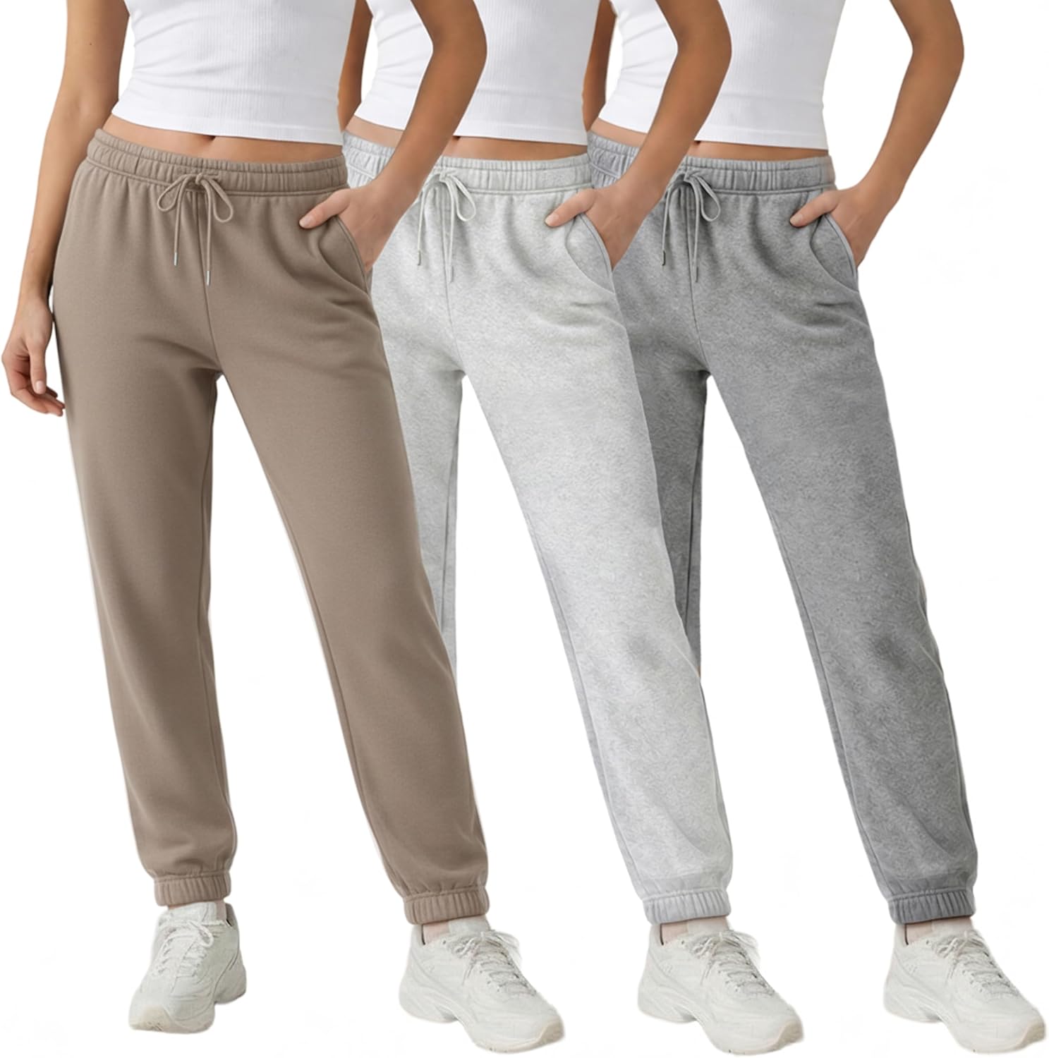 3 Pack Fleece Elastic Cuff Joggers for Women 鈥?Deep Pockets, Tapered Fit, Elastic Drawstring Waist