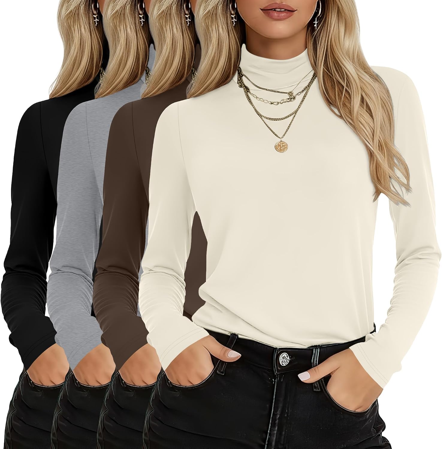 4 Pack Women's Turtleneck Cotton Long Sleeve Tops Casual Loose Fit Shirts Basic Tunic Trendy Undershirt Tee