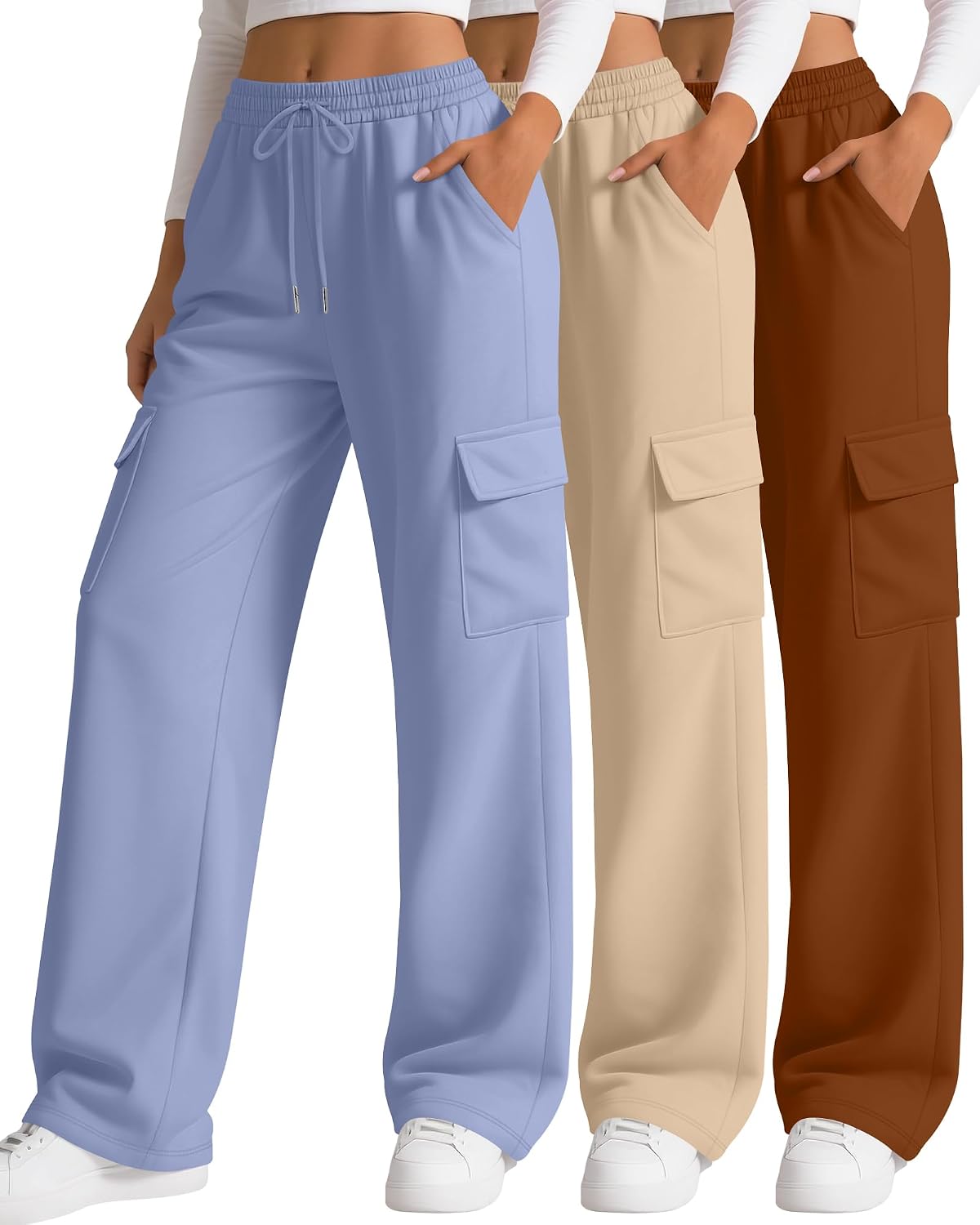 3 Pack Women's Cargo Sweatpants Wide Leg Baggy Loose Elastic Drawstring Pants Casual Athletic Joggers with 4 Pockets