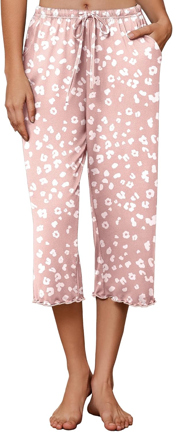 Womens Capri Pajama Pants 2026 Wide Leg Lounge Sleep Pants Soft Comfy Drawstring Pj Bottoms with Pockets