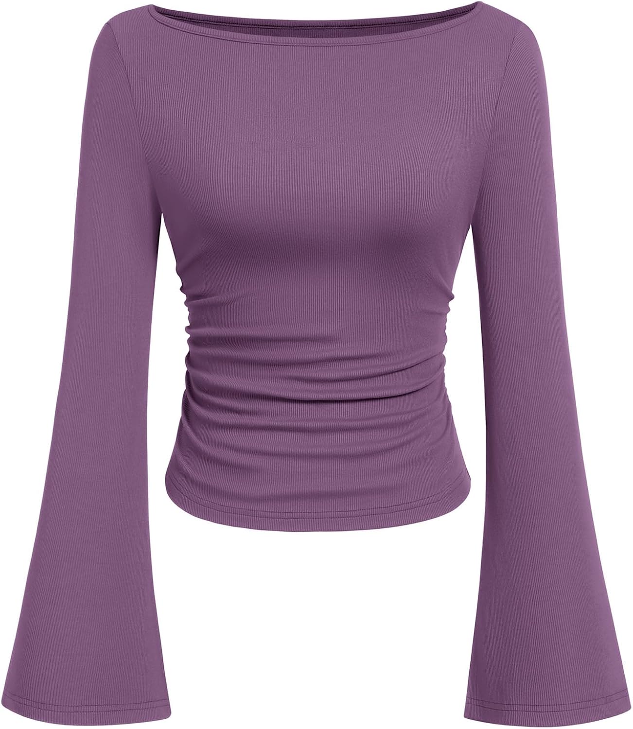 Womens Long Sleeve Shirts 2026 Spring Crop Going Out Tops Casual Boat Neck Bell Sleeve Ribbed Ruched Y2K Clothes