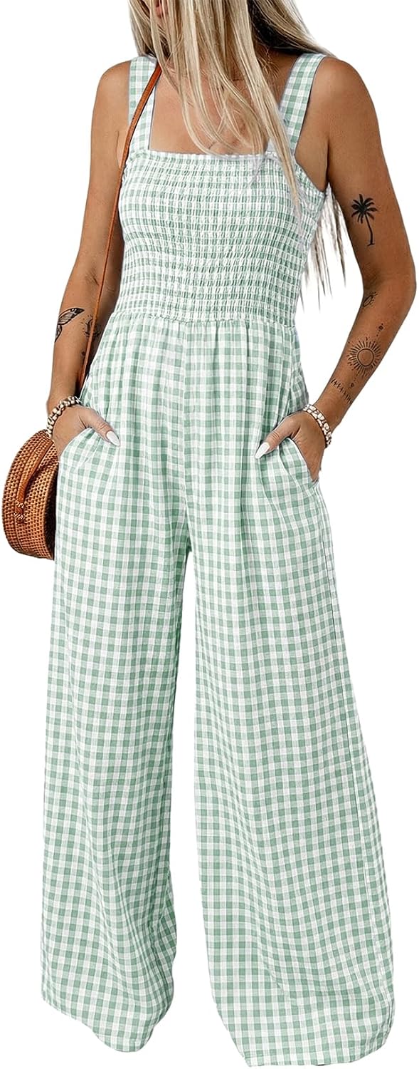 Women's Casual Loose Overalls Jumpsuits One Piece Sleeveless Smocked Gingham Striped Wide Leg Long Pant Rompers