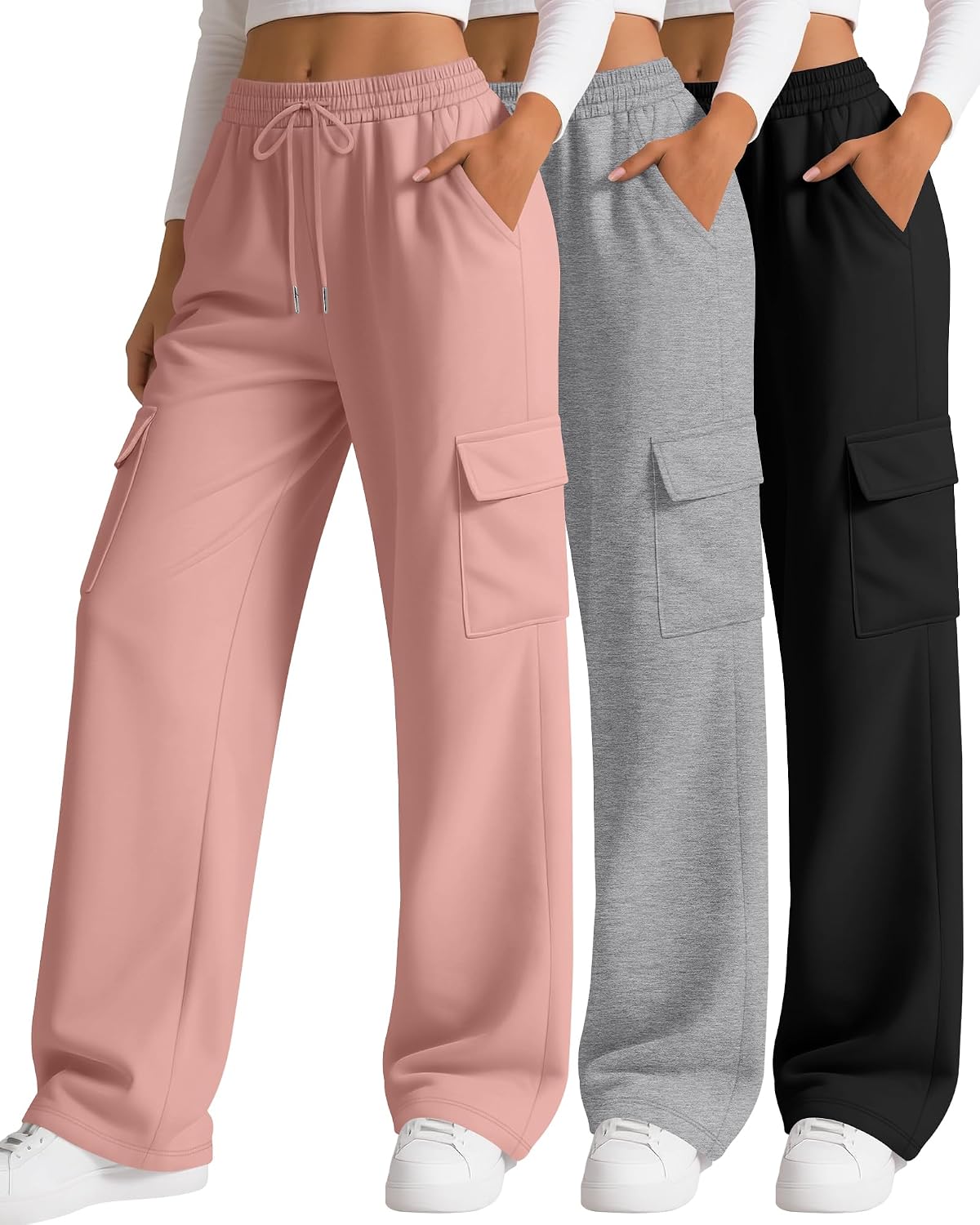 3 Pack Women's Cargo Sweatpants Wide Leg Baggy Loose Elastic Drawstring Pants Casual Athletic Joggers with 4 Pockets