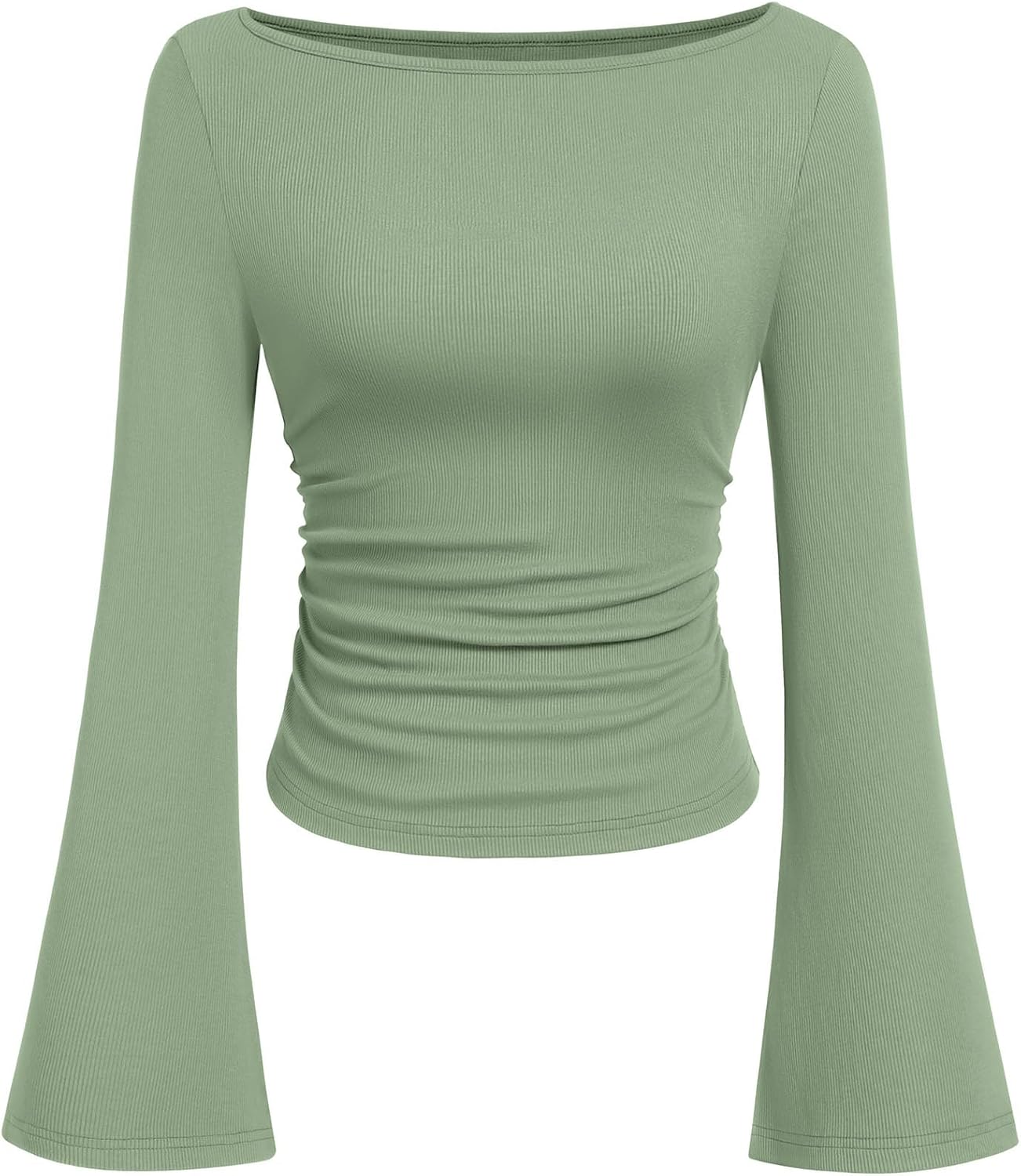 Womens Long Sleeve Shirts 2026 Spring Crop Going Out Tops Casual Boat Neck Bell Sleeve Ribbed Ruched Y2K Clothes