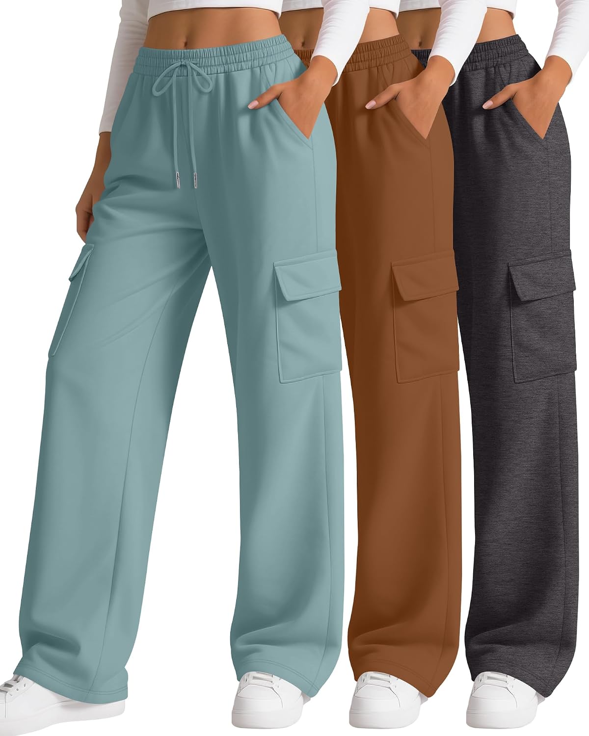 3 Pack Women's Cargo Sweatpants Wide Leg Baggy Loose Elastic Drawstring Pants Casual Athletic Joggers with 4 Pockets