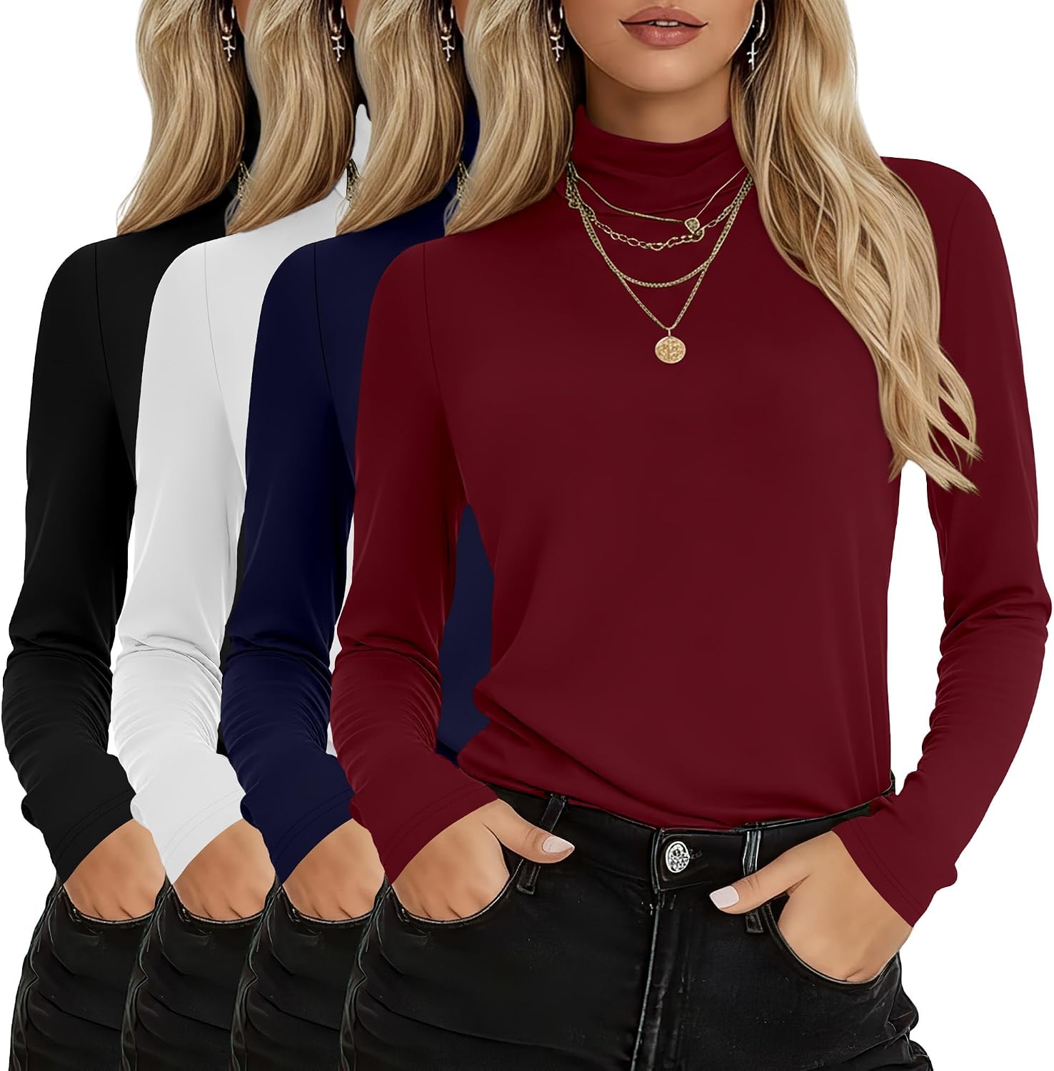 4 Pack Women's Turtleneck Cotton Long Sleeve Tops Casual Loose Fit Shirts Basic Tunic Trendy Undershirt Tee