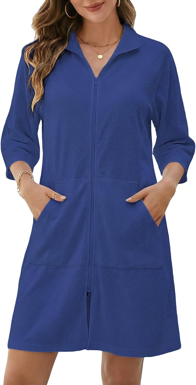 Swimsuit Coverup for Women Terry Cloth Swim Cover Up Zipper 3/4 Sleeves Beach Cover Ups Bathrobe with Pockets