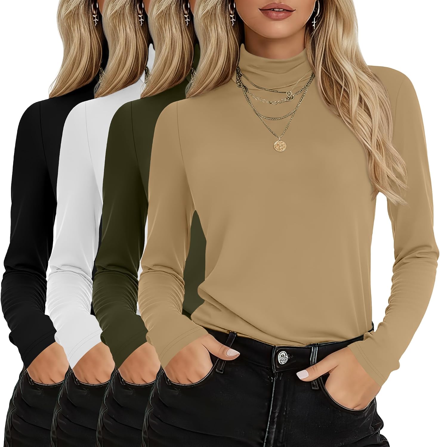 4 Pack Women's Turtleneck Cotton Long Sleeve Tops Casual Loose Fit Shirts Basic Tunic Trendy Undershirt Tee