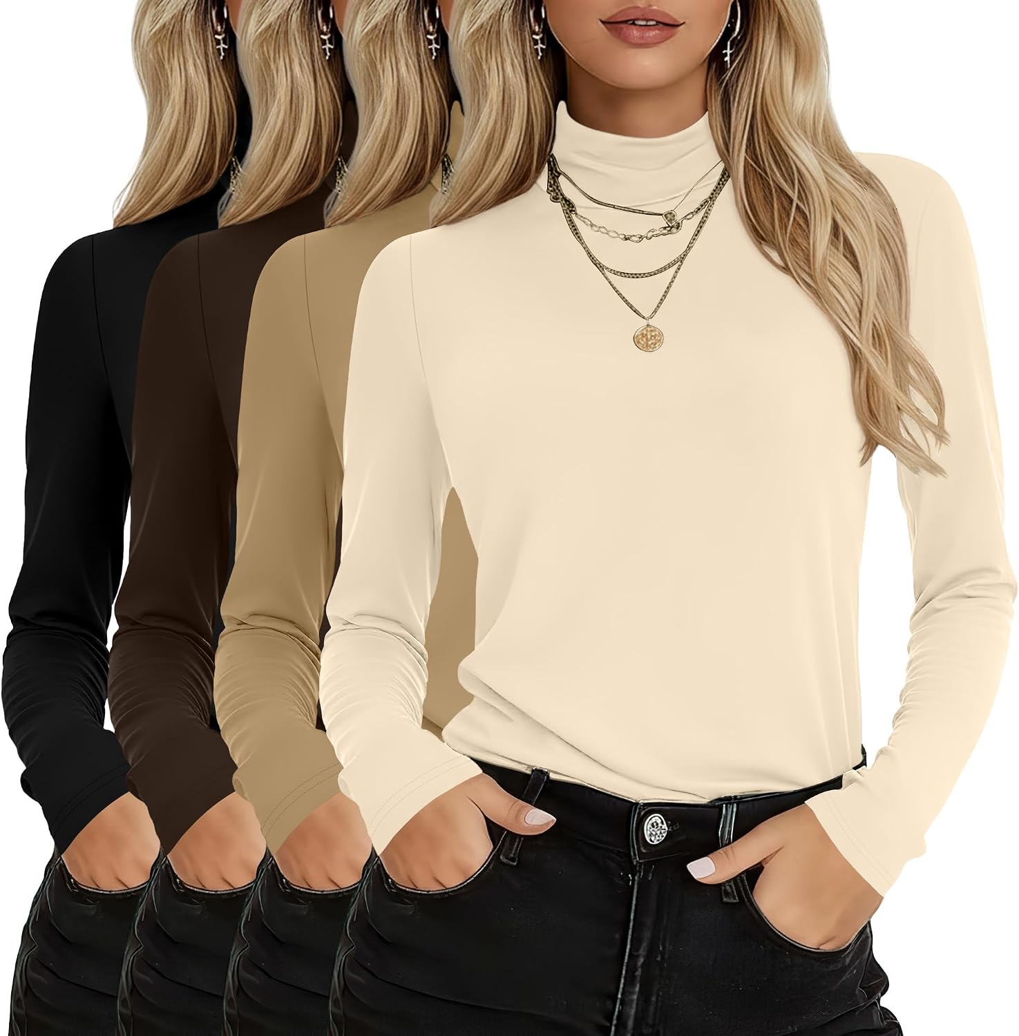 4 Pack Women's Turtleneck Cotton Long Sleeve Tops Casual Loose Fit Shirts Basic Tunic Trendy Undershirt Tee
