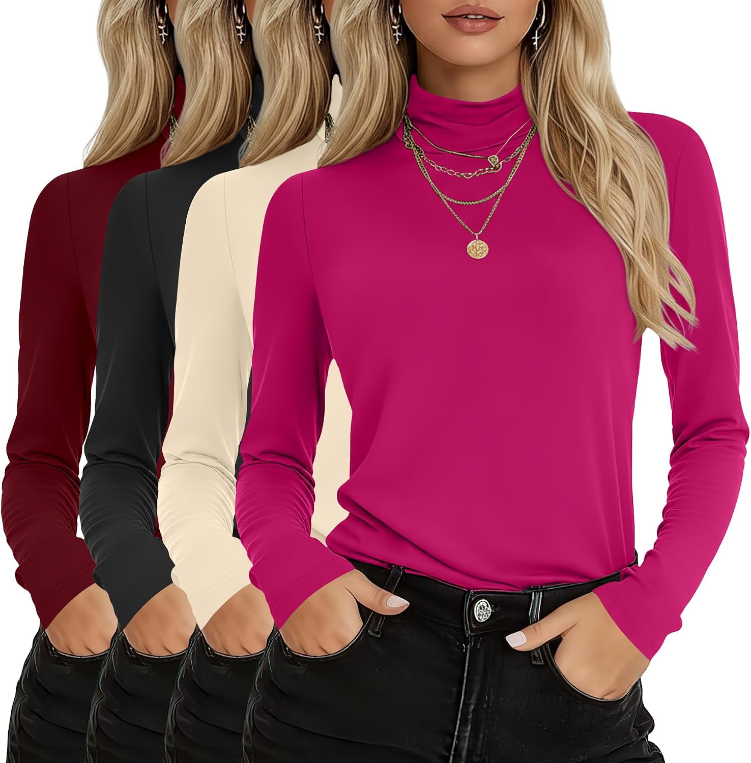 4 Pack Women's Turtleneck Cotton Long Sleeve Tops Casual Loose Fit Shirts Basic Tunic Trendy Undershirt Tee